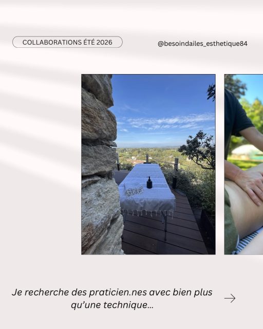 [ RECHERCHE COLLABORATRICES.TEURS 💆🏻‍♀️]

✨ Je recherche 2 à 3 praticien.nes massage bien-être pour des collaborations ponctuelles cet été, principalement sur le secteur sud Vaucluse & nord Luberon ✨

Je cherche avant tout des personnes avec une belle énergie, une vraie qualité de présence… et cette petite chose en plus qu’on ressent dès les premières minutes d’un soin 🌿

Parce qu’au final, le massage à domicile, ce n’est pas seulement “faire un massage”.
C’est savoir créer une ambiance, mettre une personne à l’aise, s’adapter à un lieu, être autonome, douce, professionnelle… tout en gardant quelque chose de simple et naturel.

Je recherche donc des praticien.nes à l’aise avec les déplacements et le domicile, habitué.e.s à travailler dans différents environnements, avec fluidité et sérieux — sans jamais perdre la dimension humaine du métier ✨

L’idée n’est pas de recruter “à la chaîne”, mais plutôt de rencontrer des personnes avec qui je pourrais créer de vraies collaborations cohérentes avec mon univers et l’expérience que je souhaite proposer.

Avant toute collaboration, un échange et un massage test seront prévus, simplement pour vérifier que nos approches, nos énergies et nos façons de travailler se rejoignent 🌞

Si tu souhaites me contacter, tu peux m’envoyer :
— une petite présentation
— ton parcours / tes formations
— ton expérience dans le massage bien-être ou le domicile
— les secteurs où tu interviens
— ton Instagram professionnel ou quelques photos de ton univers si tu en as ✨

Et surtout… un petit mot qui te ressemble 😉

Lamia 🧿